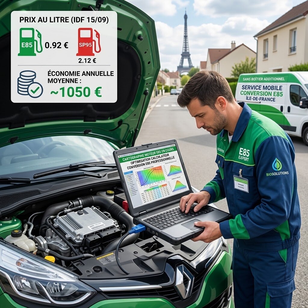 Technicien E85 reprogrammant le calculateur d'une voiture essence, capot ouvert, en Île-de-France
